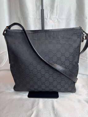 Gucci Black GG Monogram Bag with Leather Trim
